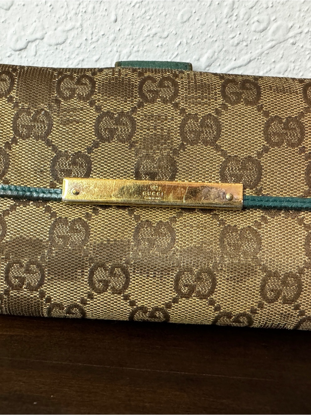 Gucci Brown GG Canvas Wallet with Teal Trim and Gold Plate